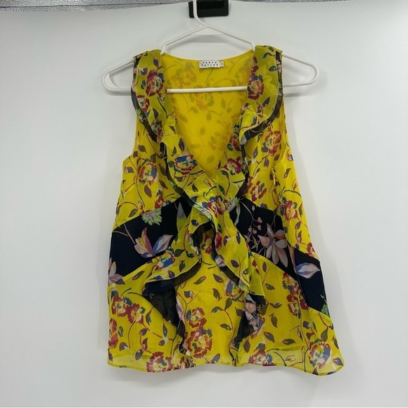 TANYA TAYLOR Garden Print Willow Top Yellow 100% Silk Size 0 - Picture 2 of 7